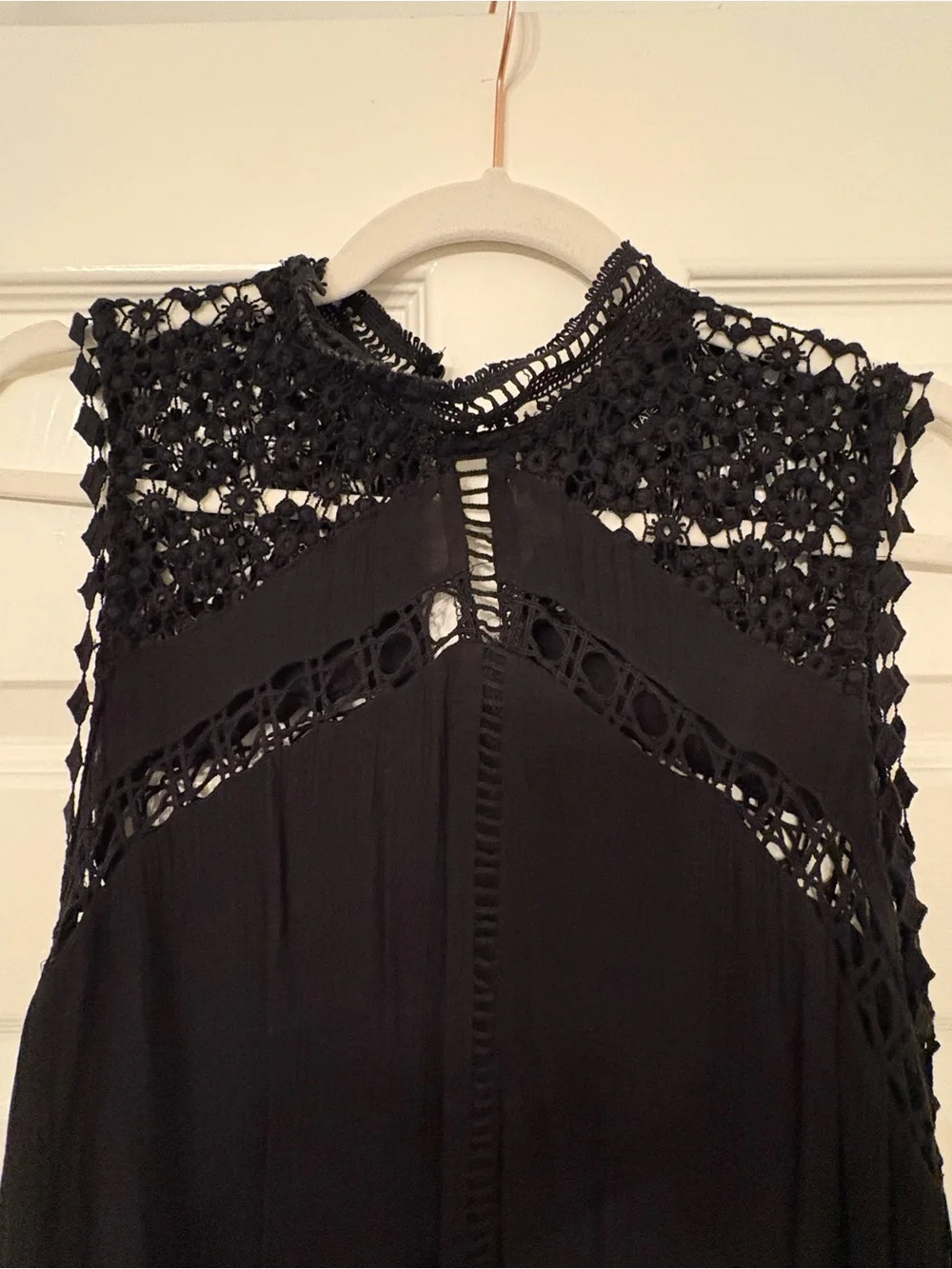 Fate Sleeveless Black Crochet-Yoke Tiered Maxi Midi Dress